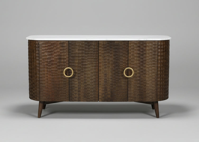 Wooden four door sideboard with chiseled textured patterns and white top | Home Centre Direct UK