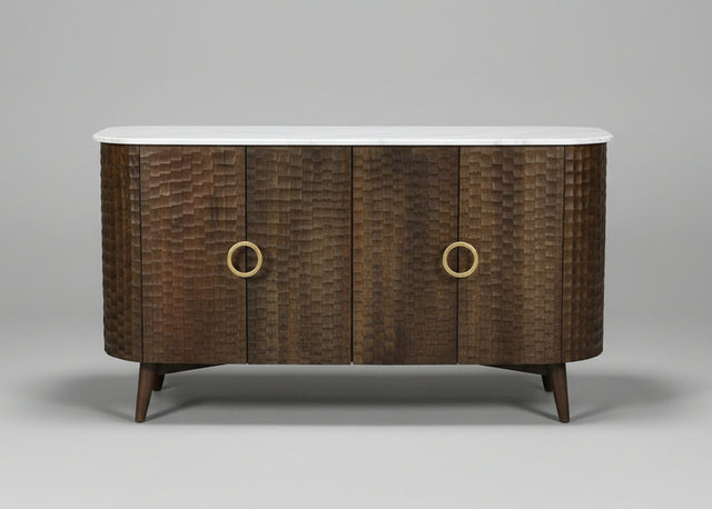 Wooden four door sideboard with chiseled textured patterns and white top | Home Centre Direct UK