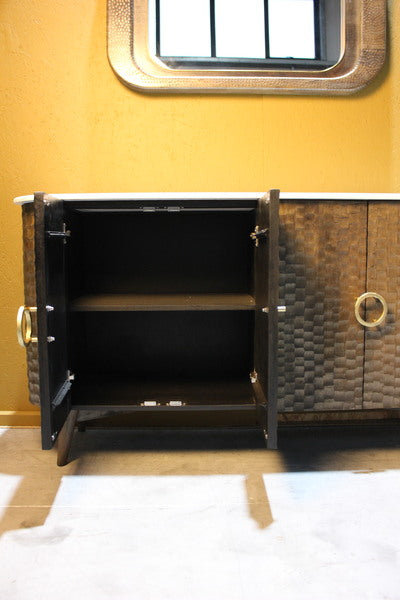Dark wooden sideboard with two open doors revealing interior shelves