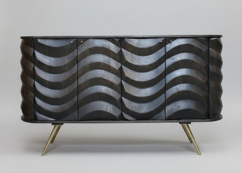 Dark wood 4 door sideboard with wave pattern and angled metal legs | Home Centre Direct UK