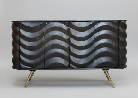 Dark wood 4 door sideboard with wave pattern and angled metal legs | Home Centre Direct UK