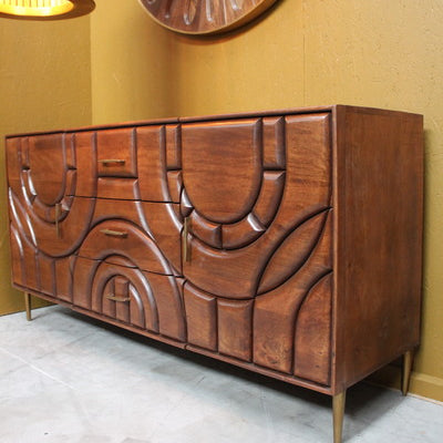 Wooden sideboard with 2 doors and 3 drawers with carved geometric pattern