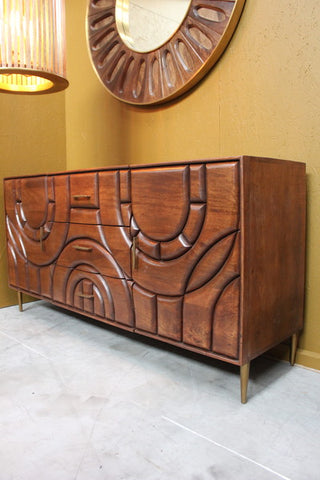 Wooden sideboard with 2 doors and 3 drawers with carved geometric pattern