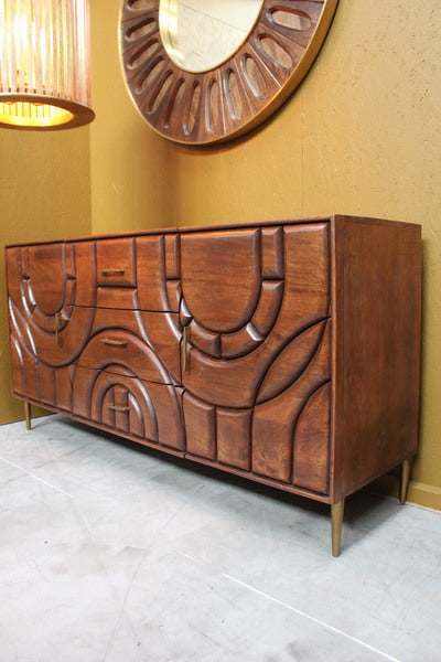 Wooden sideboard with 2 doors and 3 drawers with carved geometric pattern