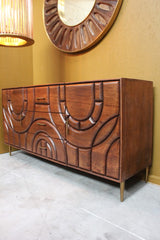 Wooden sideboard with 2 doors and 3 drawers with carved geometric pattern