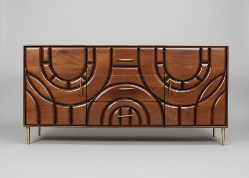 Wooden sideboard with two doors and three drawers carved in circular patterns | Home Centre Direct UK
