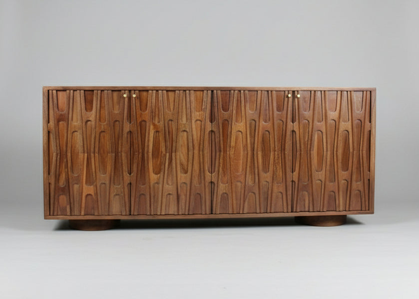 Wooden sideboard with four doors carved with retro patterns and round handles | Home Centre Direct UK