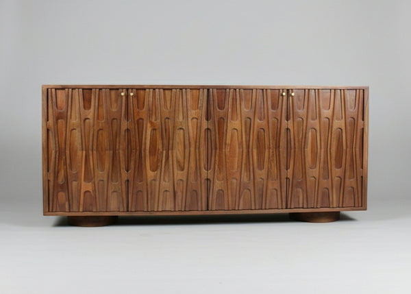 Wooden sideboard with four doors carved with retro patterns and round handles | Home Centre Direct UK