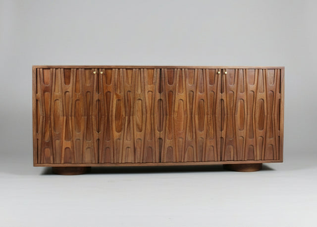 Wooden sideboard with four doors carved with retro patterns and round handles | Home Centre Direct UK