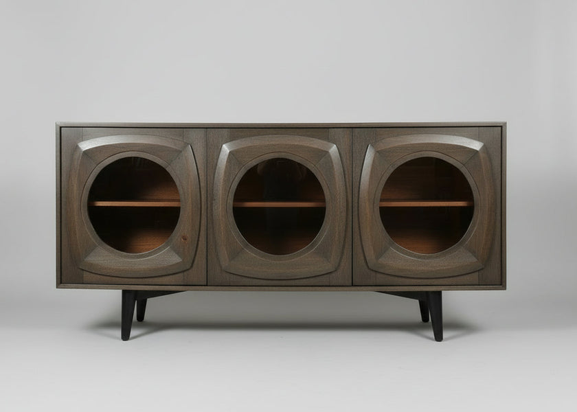 Wooden sideboard with three curved design glass doors and black legs | Home Centre Direct UK