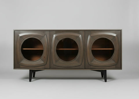 Wooden sideboard with three curved design glass doors and black legs | Home Centre Direct UK