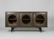 Wooden sideboard with three curved design glass doors and black legs | Home Centre Direct UK