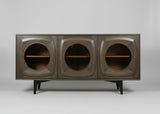 Wooden sideboard with three curved design glass doors and black legs | Home Centre Direct UK