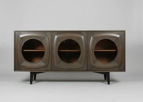 Wooden sideboard with three curved design glass doors and black legs | Home Centre Direct UK