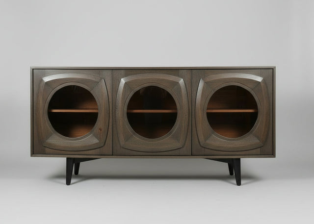 Wooden sideboard with three curved design glass doors and black legs | Home Centre Direct UK