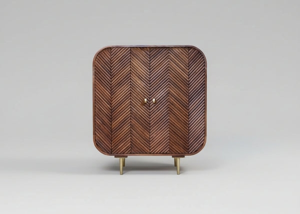Dark wood cabinet with layered chevron pattern and brass legs | Home Centre Direct UK
