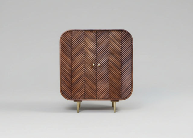 Dark wood cabinet with layered chevron pattern and brass legs | Home Centre Direct UK