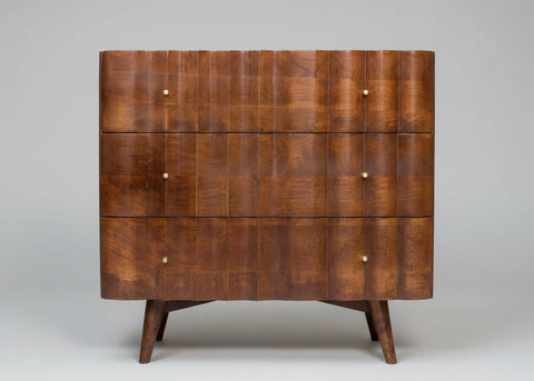 Brown wooden three drawer cabinet with marble top and brass handles | Home Centre Direct UK
