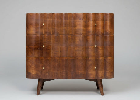 Brown wooden three drawer cabinet with marble top and brass handles | Home Centre Direct UK