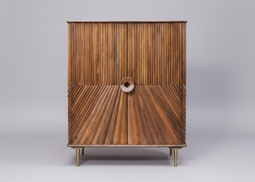 Wooden cabinet with vertical and diagonal carved patterns on two doors | Home Centre Direct UK