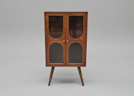 Wooden cabinet with two glass doors and angled legs in warm brown tones | Home Centre Direct UK