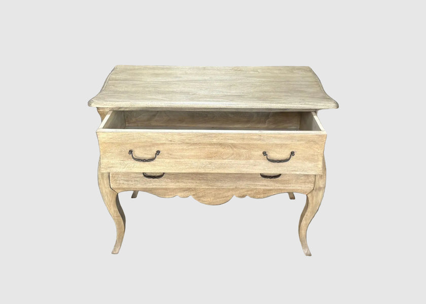 Light wooden chest with two drawers and curved legs, one drawer open