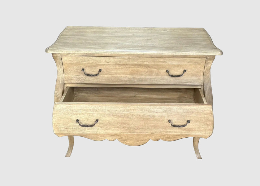 Wooden chest with two drawers, one open, curved legs and handles