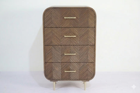 Sonar 4 drawer tall boy in dark mango wood with layered chevron drawer fronts and gold-tone handles and legs, front view on plain background