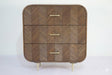 Sonar chest of 3 drawers in dark mango wood with layered chevron drawer fronts and gold-tone handles and legs, front view on plain background