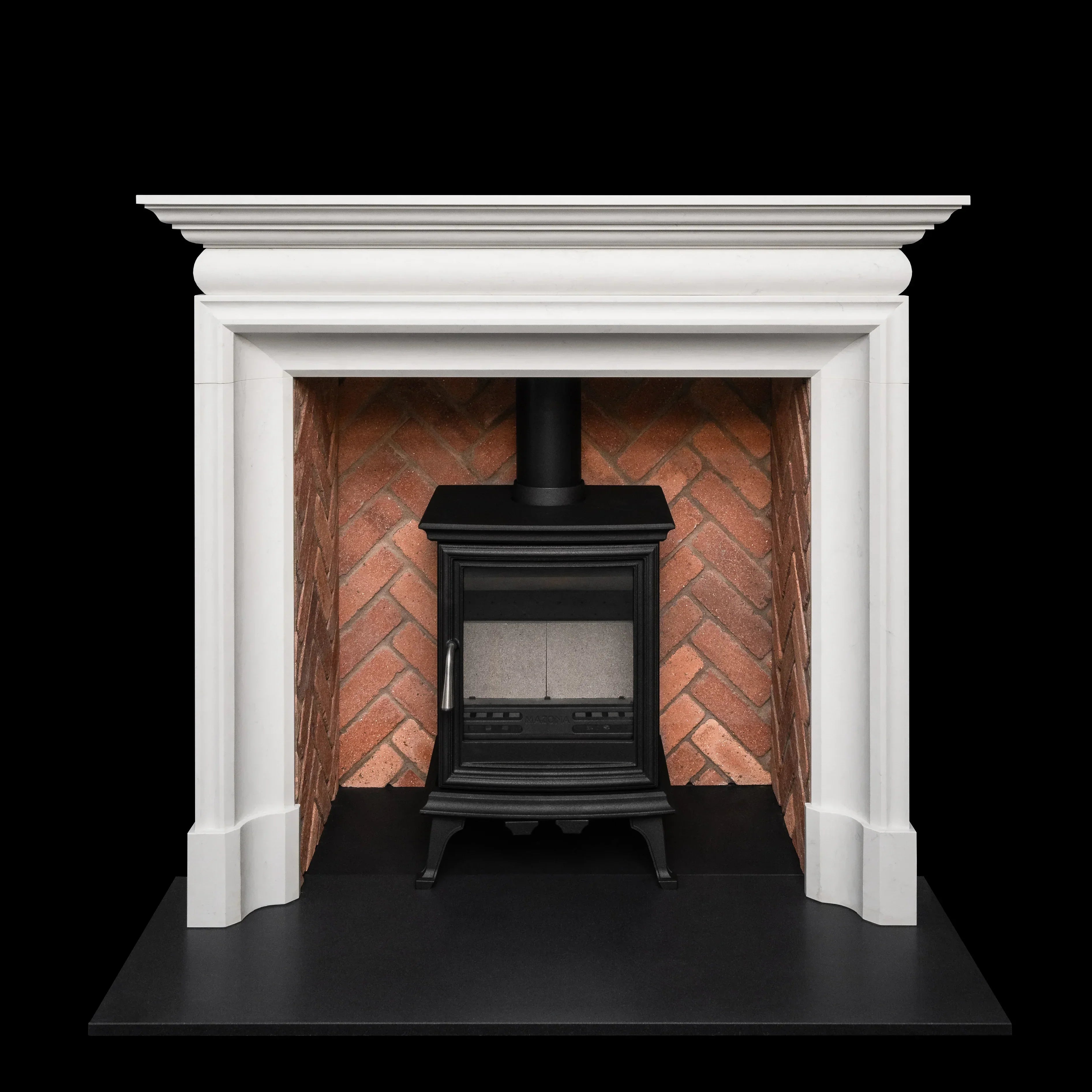 Cast iron wood burning stove in marble fireplace with brick interior