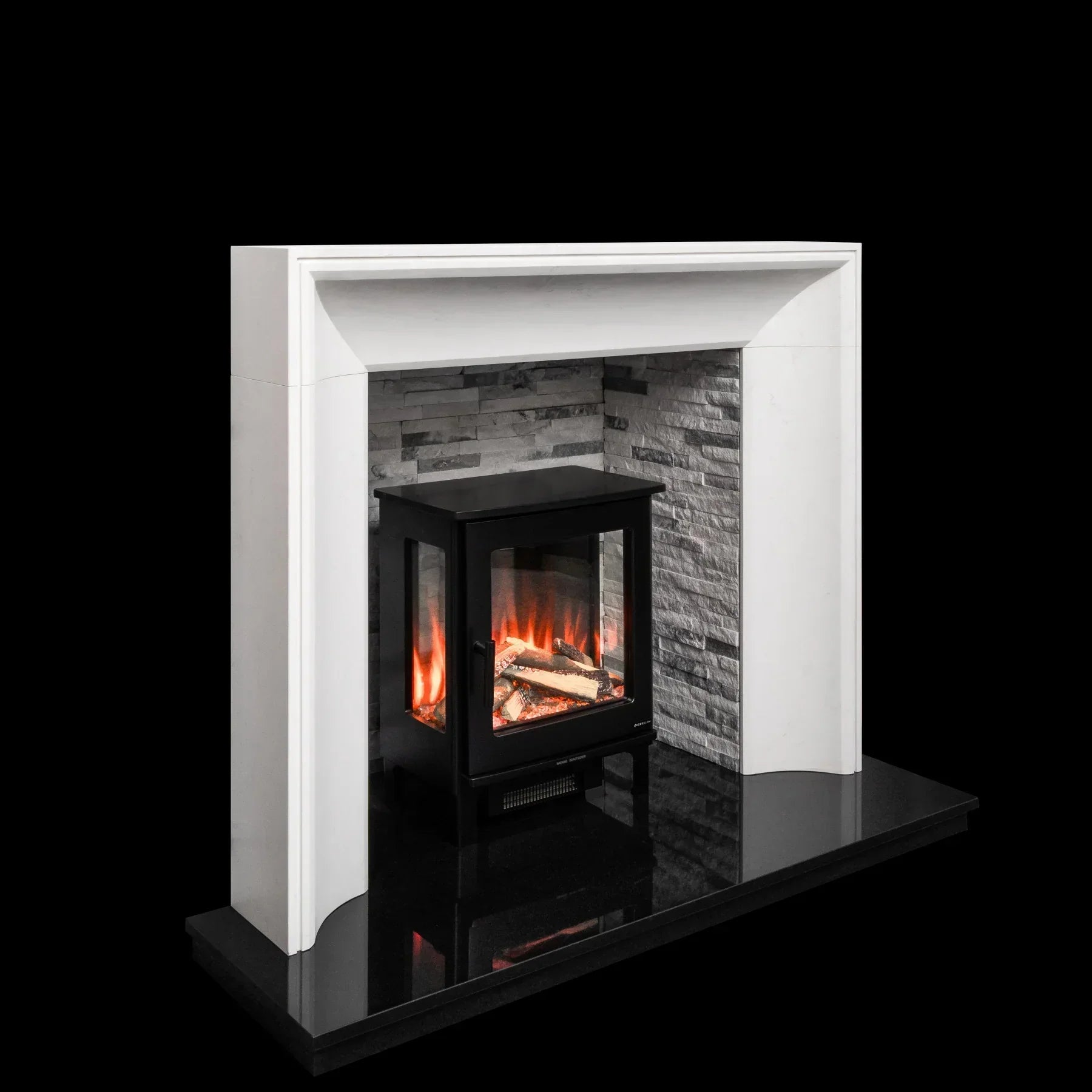Electric fireplace stove with glass doors in white mantel and stone-effect surround