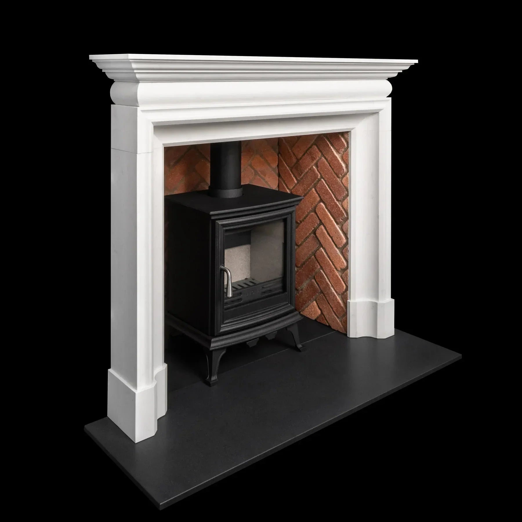 White fireplace surround with black wood burning stove and herringbone brick panel