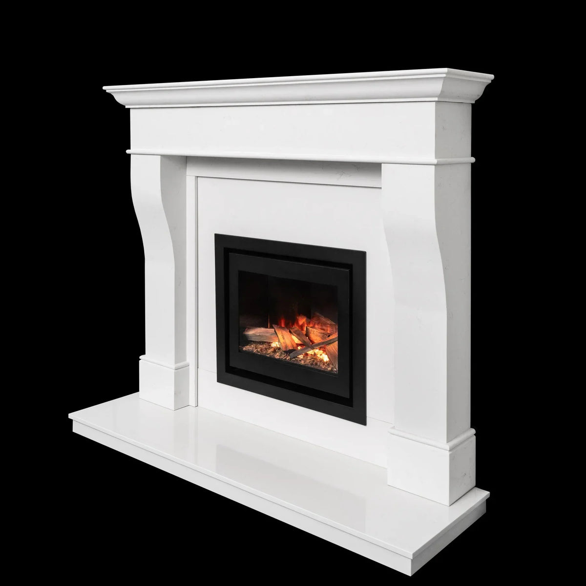 White fireplace suite with black inset electric fire and realistic glowing logs