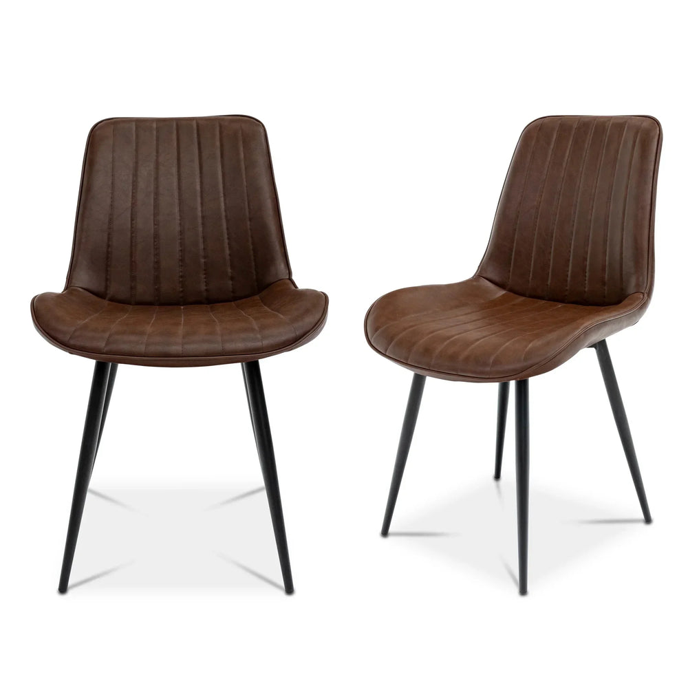 Brown faux leather dining chairs with black metal legs and vertical stitched detail