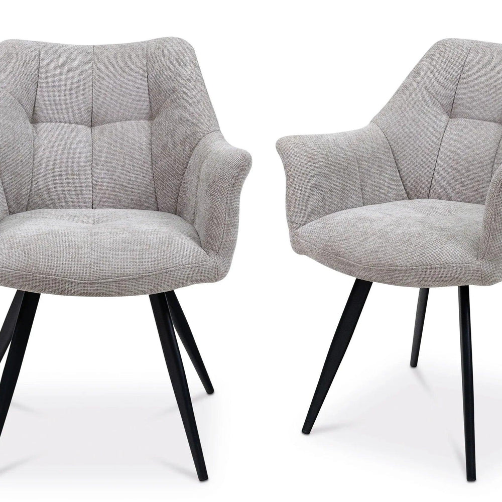 Light grey fabric accent chairs with black angled legs, modern upholstered armchair pair