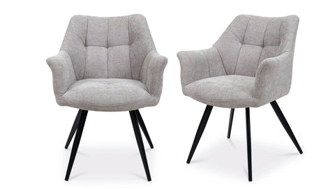 Light grey fabric accent chairs with black angled legs, modern upholstered armchair pair