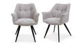 Light grey fabric accent chairs with black angled legs, modern upholstered armchair pair