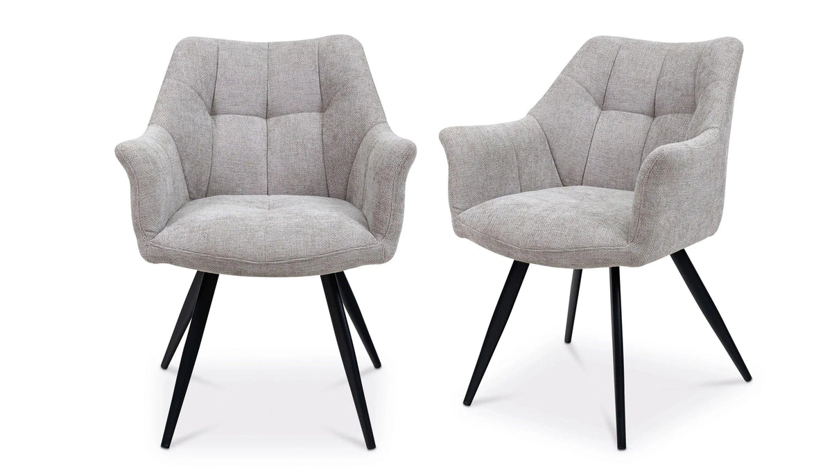 Light grey fabric accent chairs with black angled legs, modern upholstered armchair pair