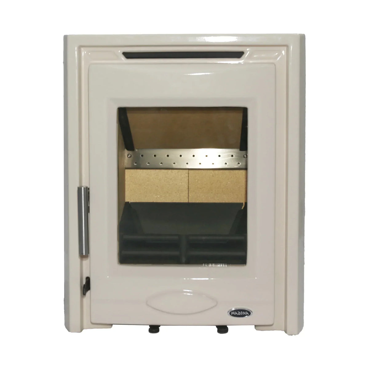 Cream enamel wood burning stove with glass door and metal handle, front view