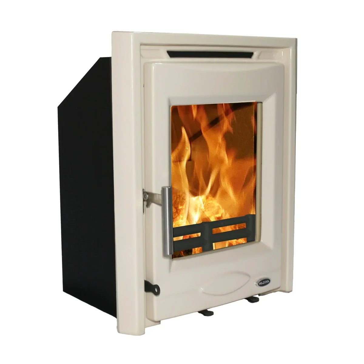 Cream enamel wood burning stove with glass door, side angle view showing flames inside