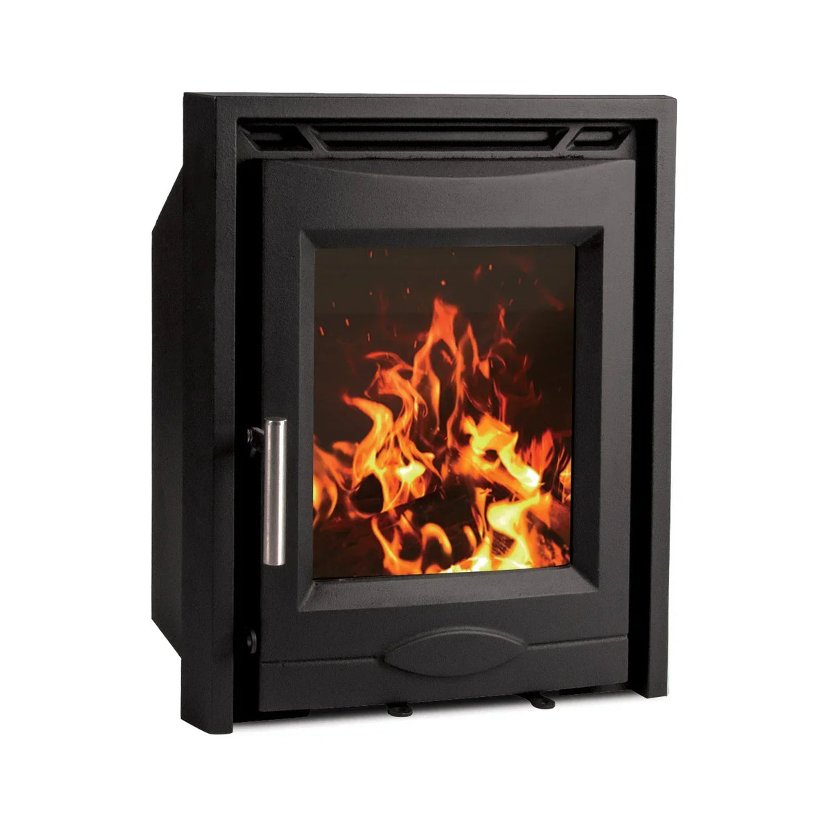 Black inset wood burning stove with glass door showing flames, angled front view