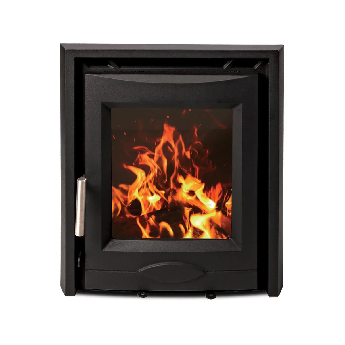 Black inset wood burning stove with glass front showing flames