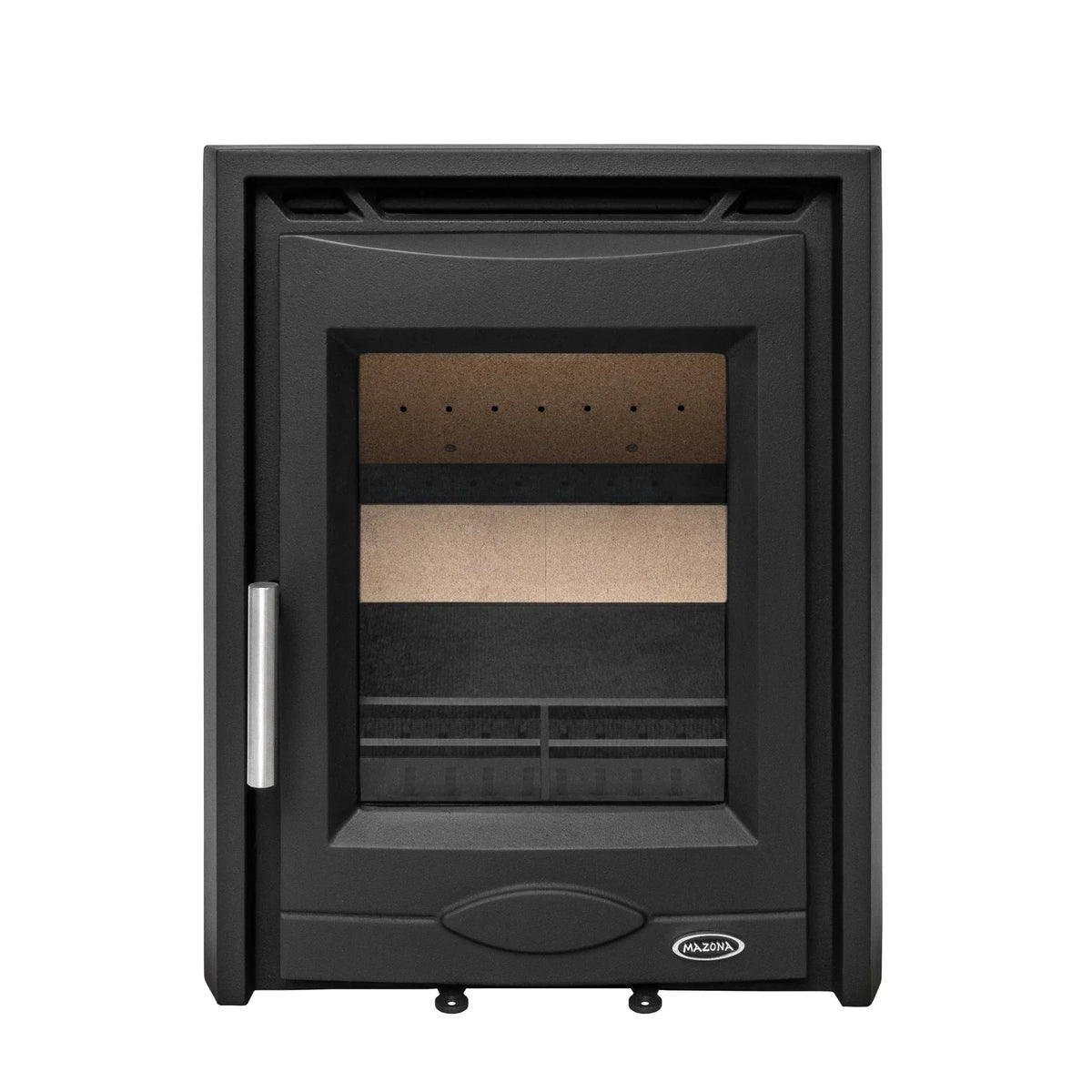 Black cast iron multi-fuel stove with glass door and metal handle front view