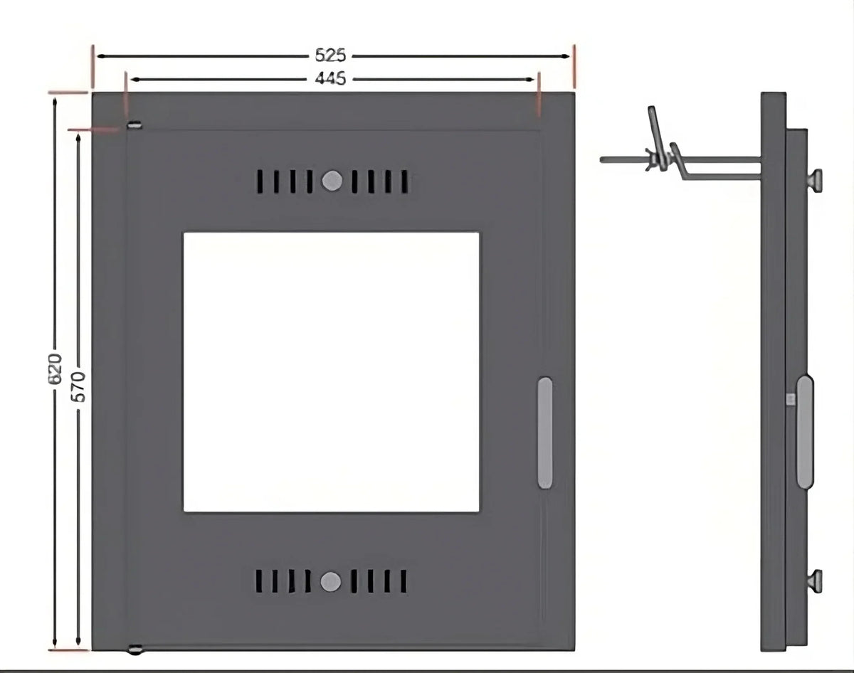 Black stove door with glass panel, vent slots, silver handles and technical measurements