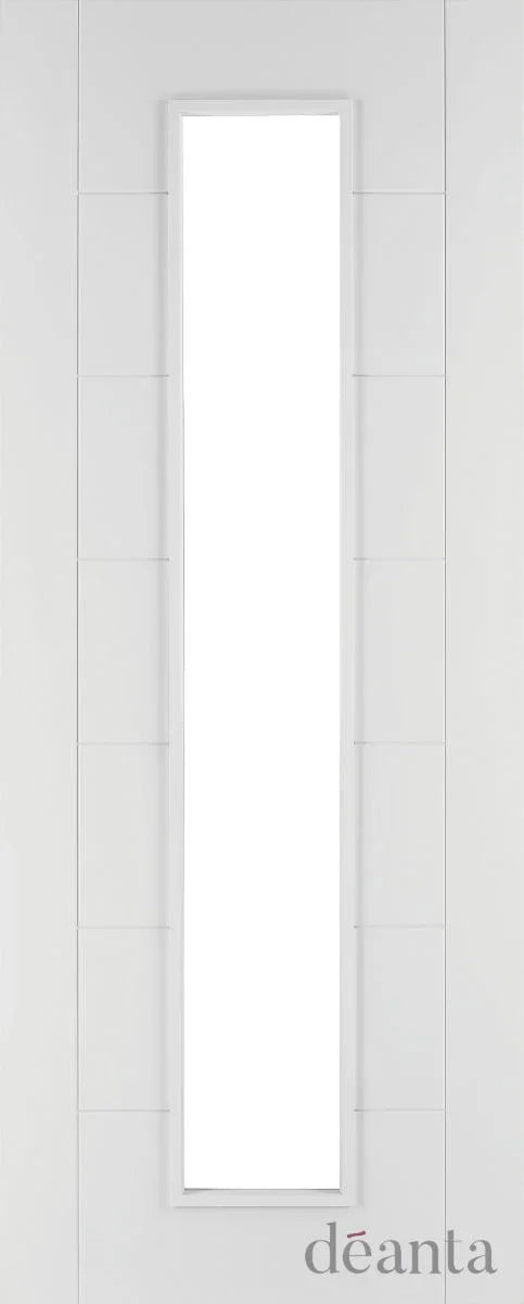 White internal door with vertical glass panel and subtle horizontal lines