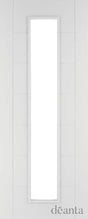 White internal door with vertical glass panel and subtle horizontal lines