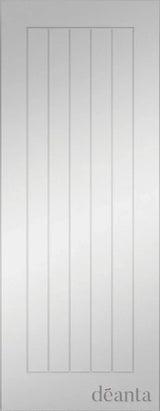 White primed internal door with vertical panel design, front view