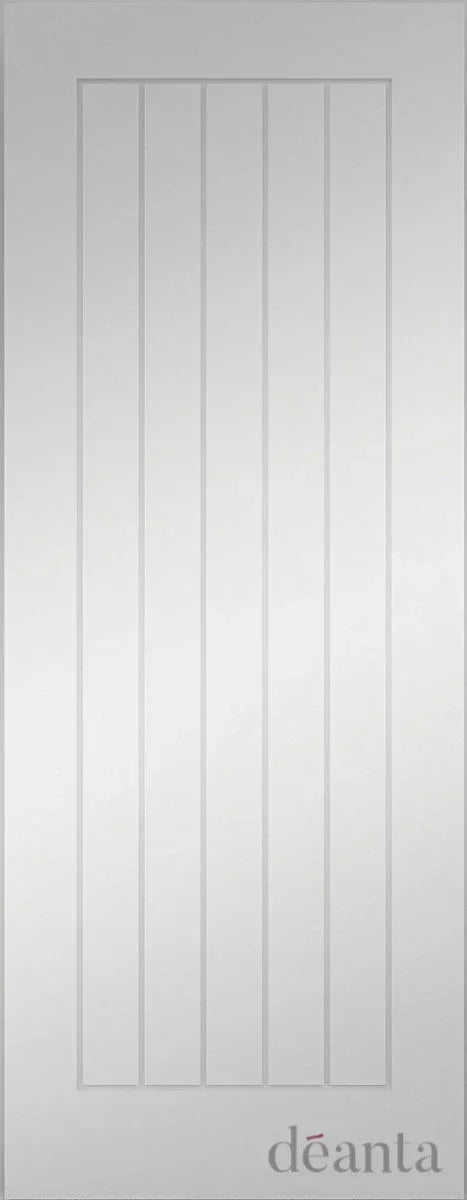 White primed internal door with vertical panel design, front view