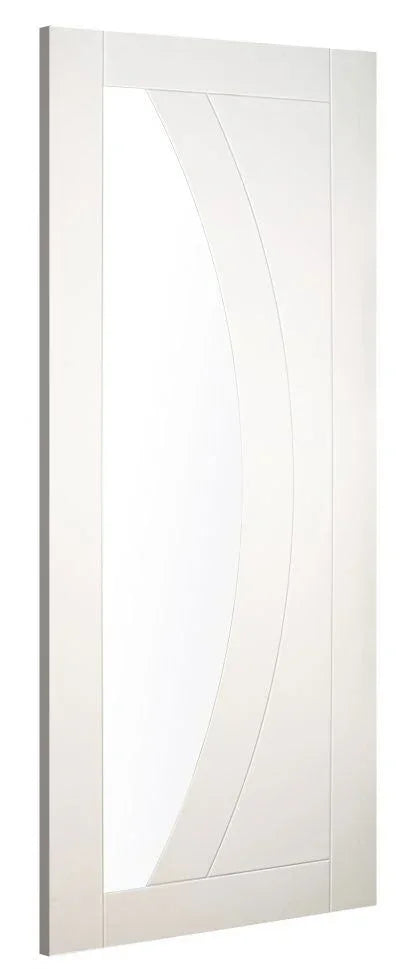 White internal door with modern curved panel design and smooth finish shown from side angle
