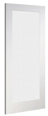 White primed interior door with a rectangular recessed panel, angled side view